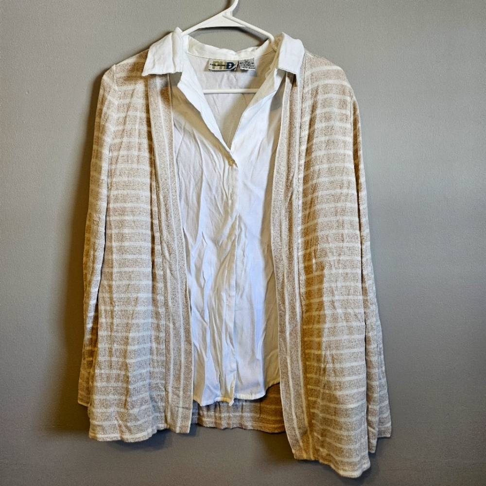 Cream Striped Sweater and White Collared Shirt